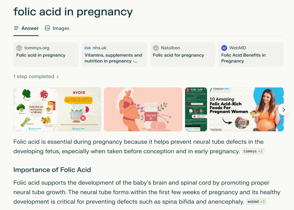Screenshot showing Perplexity search results for “folic acid in pregnancy,” including sources like Tommy’s, NHS, and WebMD.